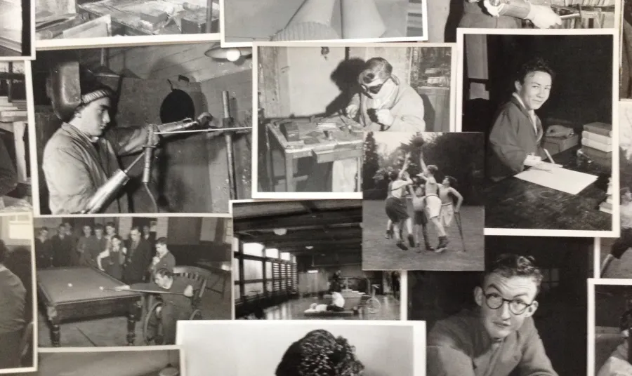 A group of black and white archive images featuring people with disabilities in the workplace.