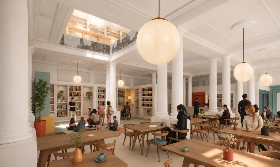An artist's impression of how the inside of the library could look, showing tables for study and learning and space for group activities