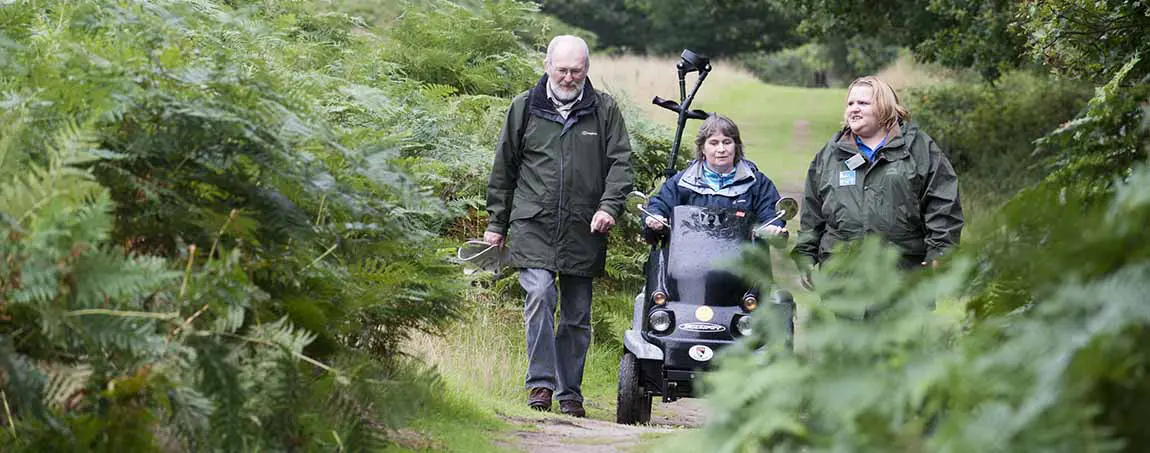 A person using a mobility scooter and two people walking on a path surrounded by greenery