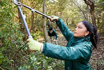 Two people looking after nature. One person uses a large chopping gardening tool.