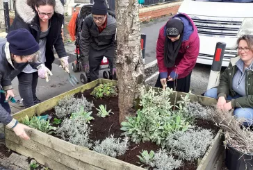 People tend to a large street planter
