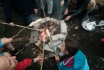 toasting marshmallows on a fire