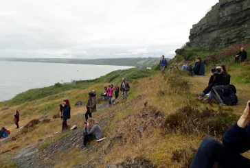 People in nature looking out to see with cameras