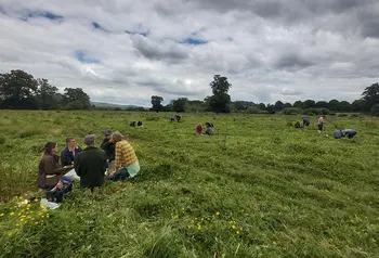 Groups of people sat on a field conducting tests.