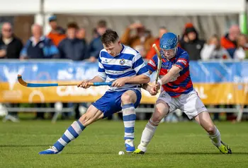two shinty players one in blue and white the other in red and blue tustle over a ball