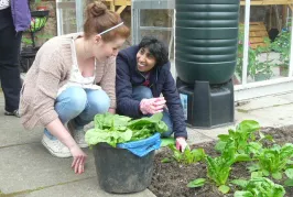 Two people smiling whilst gardening