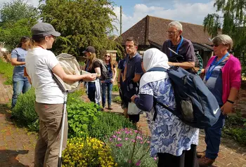 People standing in a garden, watching a speaker talk about bumblebees