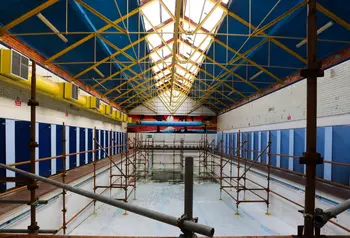Inside Templemore Baths, scaffolding is visible and it looks run down