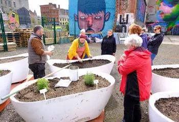 A group of volunteers gather around white bathtub-shaped planters during a planting session at the site