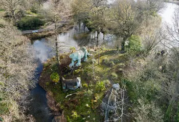 An arial view of Crystal Palace Park, including the dinosaurs
