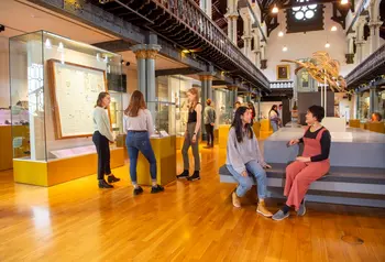 A suspended skeleton of a sea dinosaur hangs in the centre of a museum gallery. A number of people are chatting and looking at exhibits