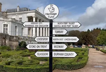 A mock directional sign pointing to the nine Heritage Places