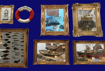 Several picture frames with images related to the sea and naval history on a blue background