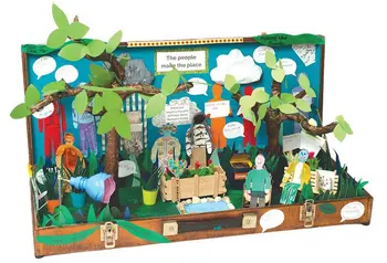 a memory box made during a craft activity at a mental health community centre: inside an old case is a garden scene with trees, planters and a pond, with figures and messages