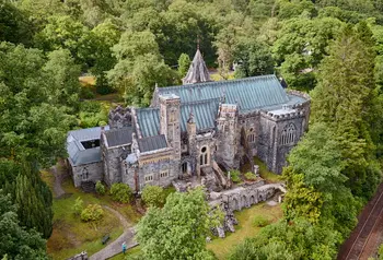 An aerial view of St. Conan's Kirk in Scotland.