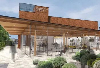 An artist's impression of a building with glass walls and a low wooden roof, with the words 'staffordshire history centre' on the side of the building
