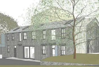 Architectural drawing of a stone and timber clad building showing how the historic stableblock will look when developed into The Gardeners' House