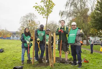 A group of Trees for Cities volunteers pose for the camera during a tree-planting session