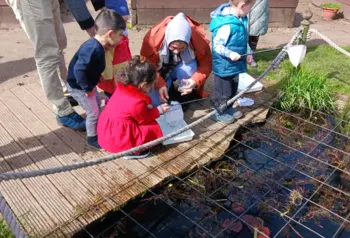 Photograph of a group of children playing near a pond.