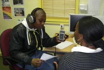 Young person conducting interview
