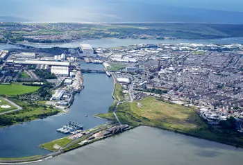 Aerial view of Barrow-in-Furness, Cumbria, showing Barrow docks with Walney Island behind