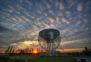 The Lovell Telescope at Jodrell Bank at sunset