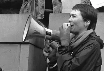 A protester talks through a megaphone at a Yorkshire rally