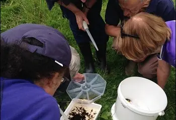 People monitor a river