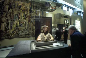 Man looks at statue in museum 
