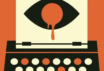 An illustration of a bleeding eye on a page loaded into a typewriter