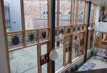 Stained glass display at Maryhill Burgh Halls