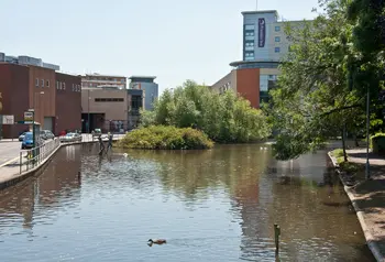 View of the Water Gardens and the town