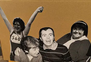 A collage of black and white photographs of person smiling, two people laughing with their arms around one another and a runner with their arms in the air wearing a medal