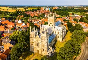 Aerial view of Selby Abbey within the town