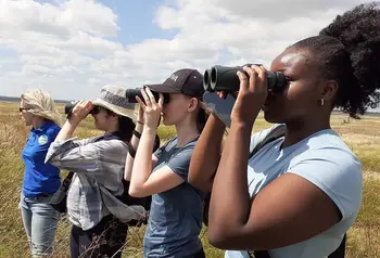 A group of four young people look through binoculars on a landscape.