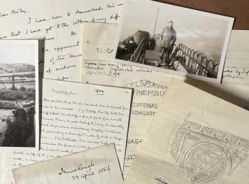 an assortment of historic photographs, letters and drawings about excavations of Hadrian's Wall