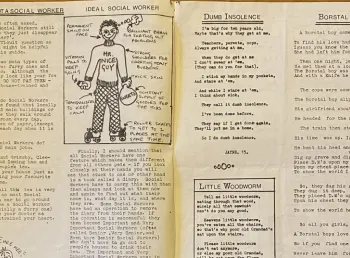 A page from a newsletter detailing 'how to spot a social worker' alongside a selection of poems with a line drawing of a person