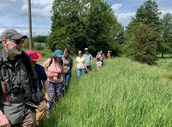 A group of people walk on a small path through long grass along the bank of a river