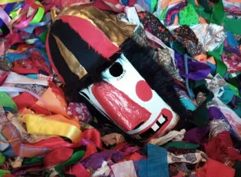Obby Oss folk culture costume from Minehead festival. Includes multicolour brightly coloured ribbon and materials.
