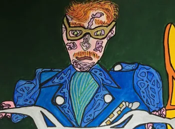 Artwork of head and shoulders of a person in a blue jacket 