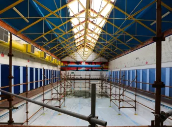 Inside Templemore Baths, scaffolding is visible and it looks run down