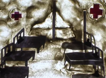 a frame from an animated film, showing the inside of a desert hospital