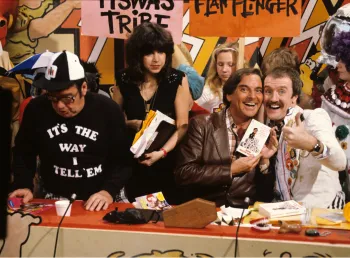 Frank Carson, Sally James, Bob Monkhouse and Gordon Astley on Tiswas