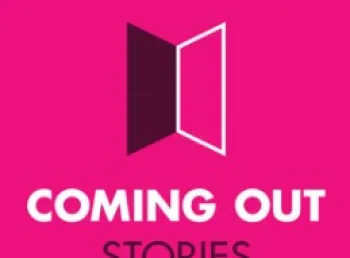 An open book on a pink background with the words coming out stories beneath