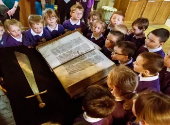 Children around Durham Cathedral treasures
