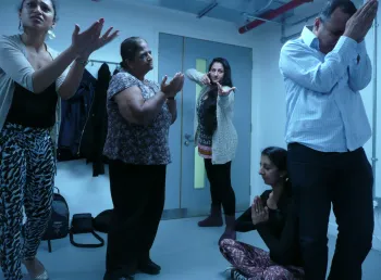Five volunteers acting in a drama about life in the trenches