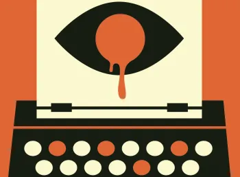 An illustration of a bleeding eye on a page loaded into a typewriter