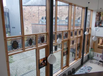 Stained glass display at Maryhill Burgh Halls