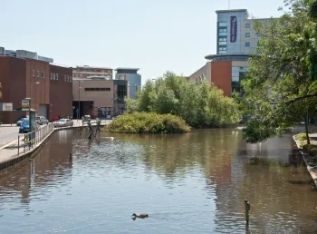 View of the Water Gardens and the town