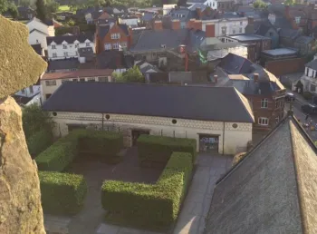The restored Tithe Barn and courtyard in Monmouthshire, Wales.